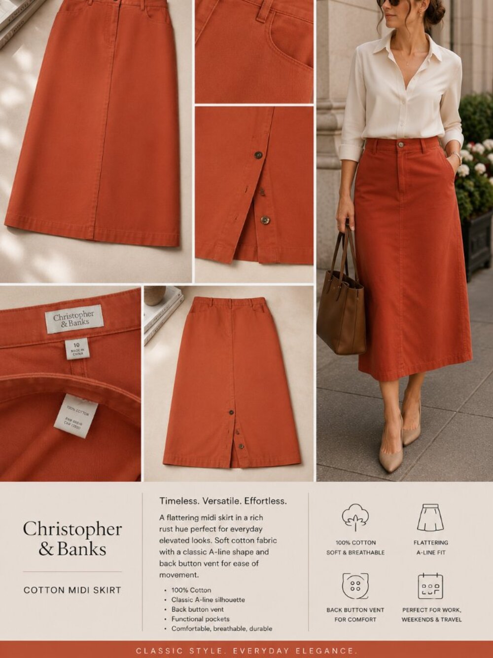 100% Cotton Rust Orange Midi Skirt 10 Quiet Luxury A Line Christopher & Banks - Picture 6 of 6